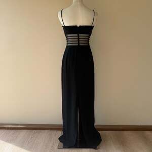 Vintage Caché Black Beaded Mesh Waist Cutout Formal Evening Gown Dress
